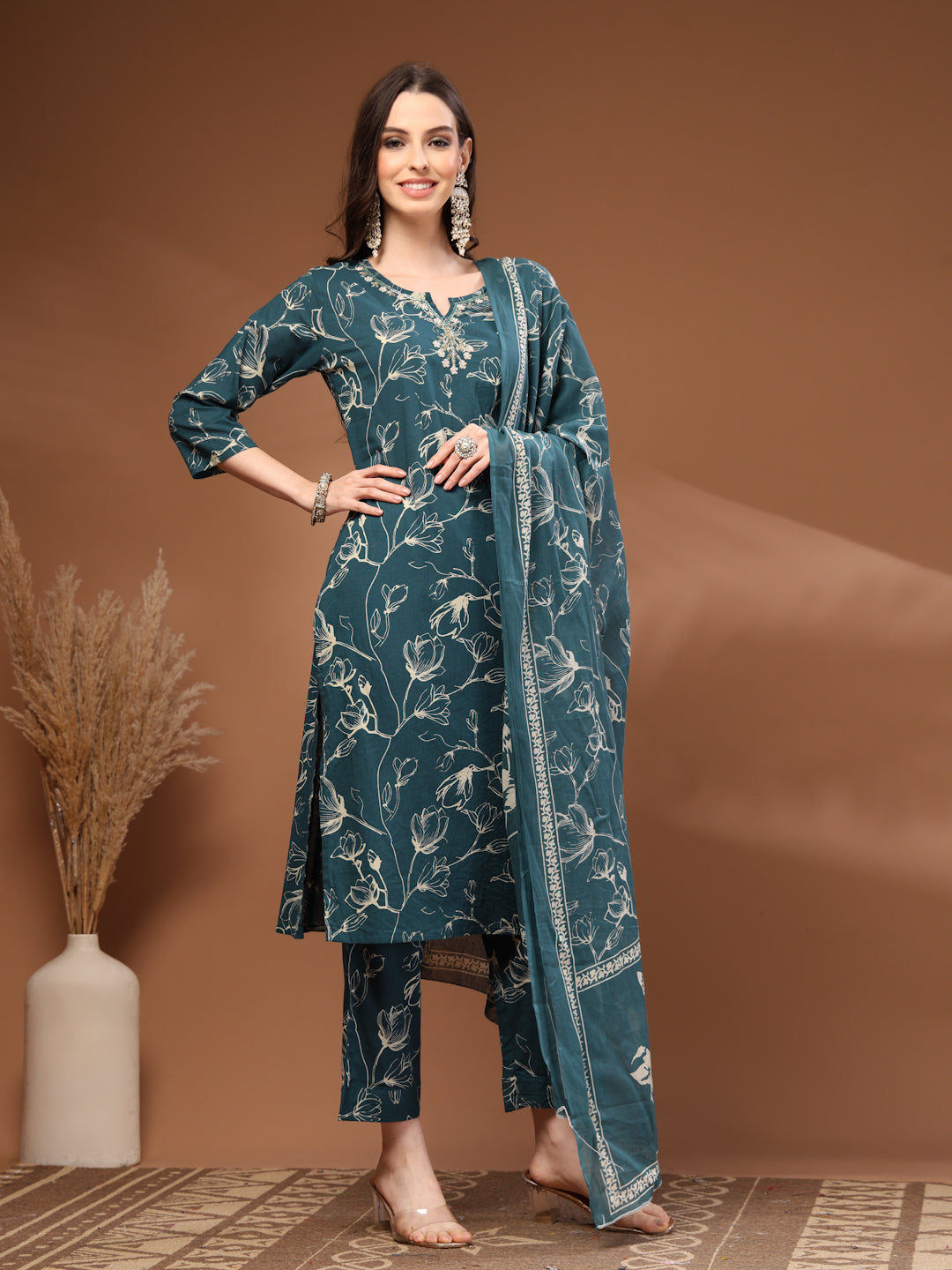 Green Self Design Cotton Fabric 3/4 Sleeves Round Neck Calf length Kurta Bottom Set With Dupatta