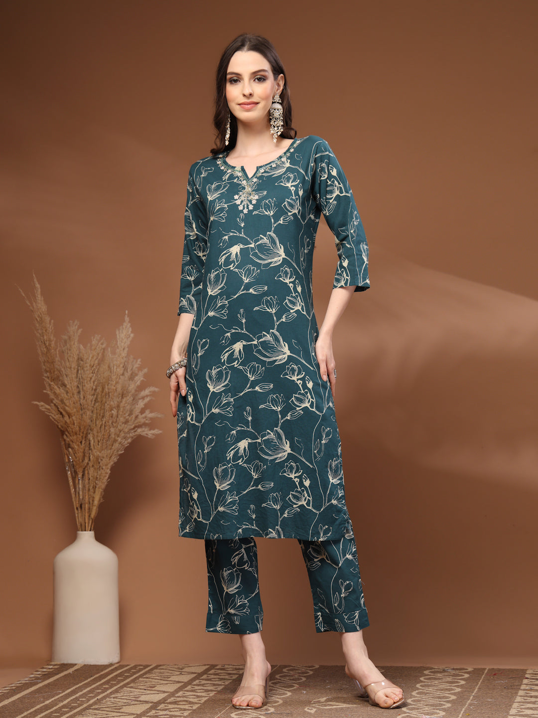 Green Self Design Cotton Fabric 3/4 Sleeves Round Neck Calf length Kurta Bottom Set With Dupatta