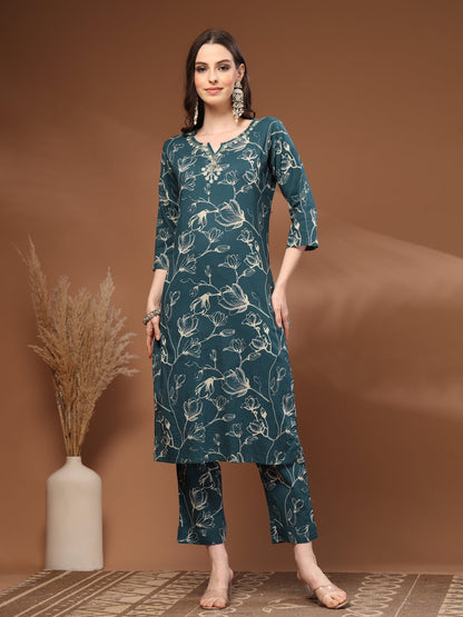 Green Self Design Cotton Fabric 3/4 Sleeves Round Neck Calf length Kurta Bottom Set With Dupatta