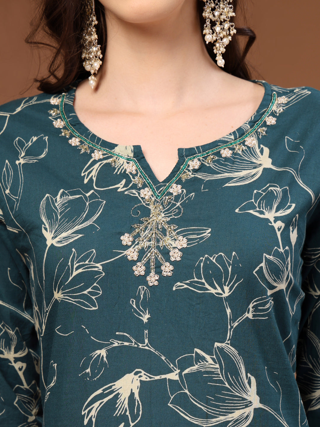 Green Self Design Cotton Fabric 3/4 Sleeves Round Neck Calf length Kurta Bottom Set With Dupatta