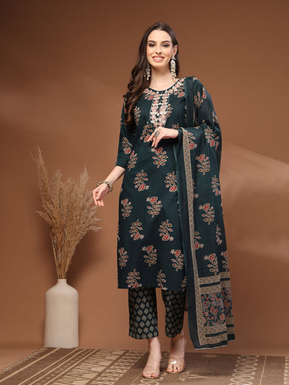 Green Self Design Cotton Fabric 3/4 Sleeves Round Neck Calf length Kurta Bottom Set With Dupatta