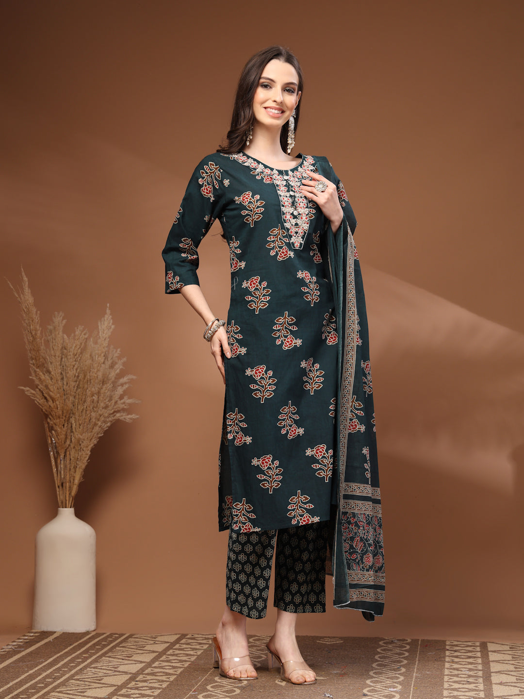 Green Self Design Cotton Fabric 3/4 Sleeves Round Neck Calf length Kurta Bottom Set With Dupatta