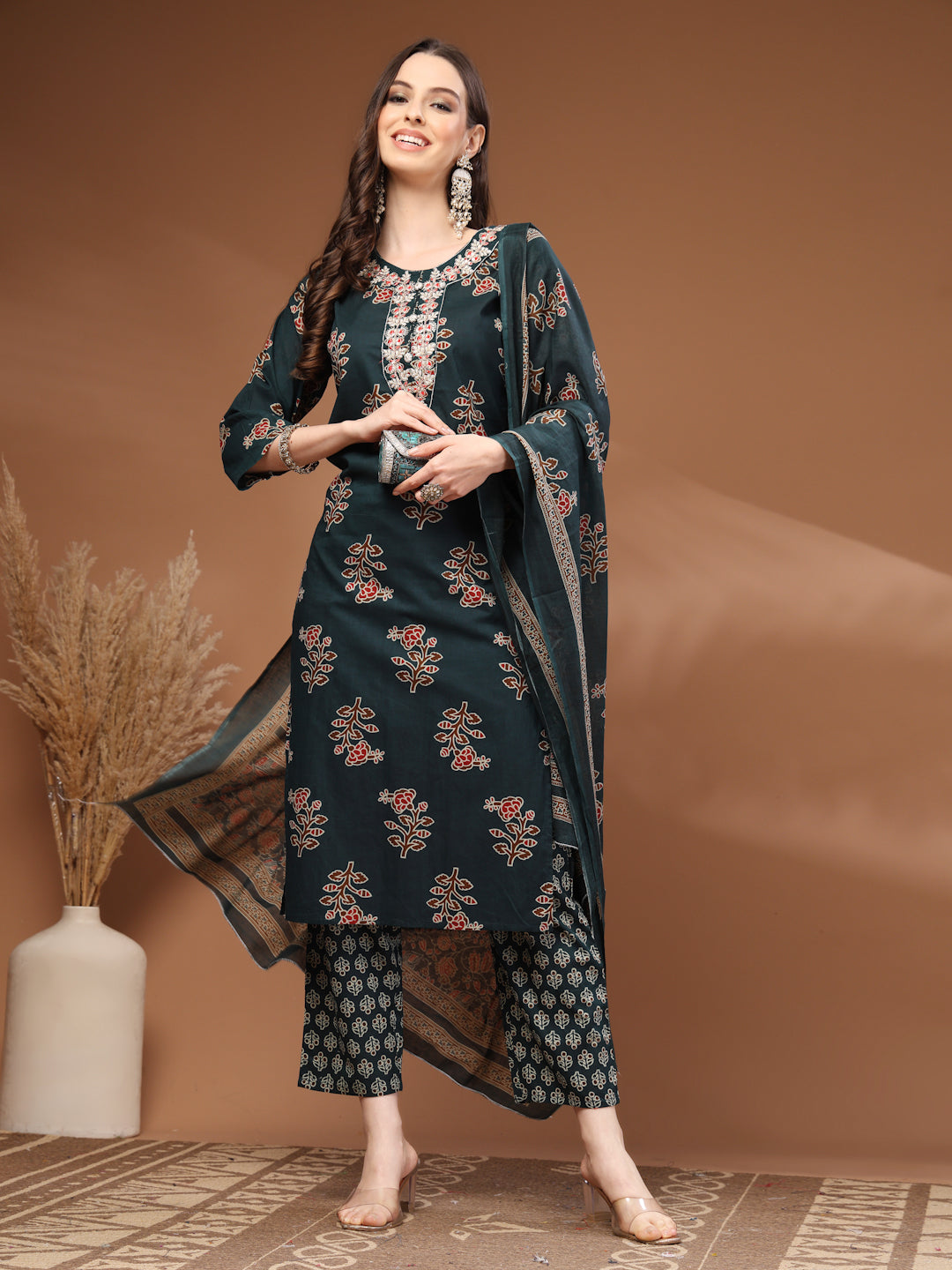 Green Self Design Cotton Fabric 3/4 Sleeves Round Neck Calf length Kurta Bottom Set With Dupatta