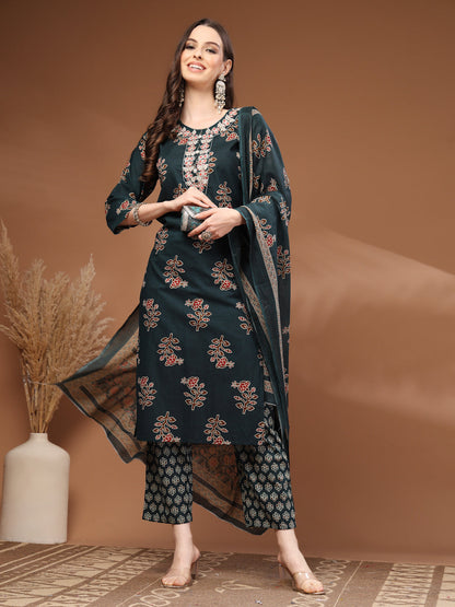 Green Self Design Cotton Fabric 3/4 Sleeves Round Neck Calf length Kurta Bottom Set With Dupatta