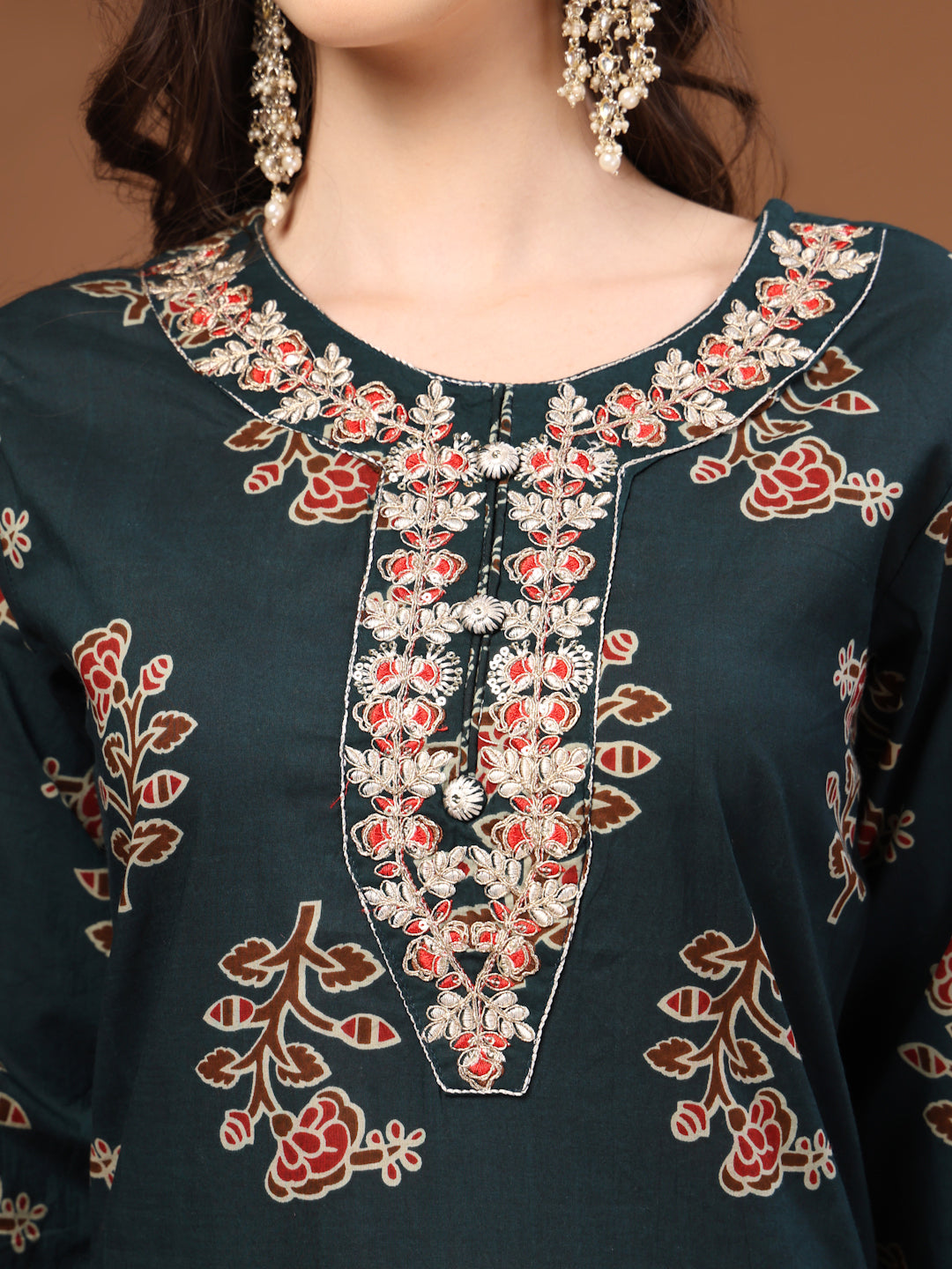 Green Self Design Cotton Fabric 3/4 Sleeves Round Neck Calf length Kurta Bottom Set With Dupatta