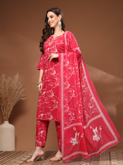 Pink Self Design Cotton Fabric 3/4 Sleeves Round Neck Calf length Kurta Bottom Set With Dupatta
