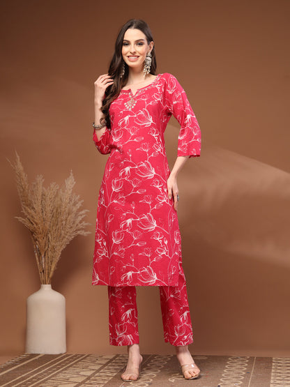 Pink Self Design Cotton Fabric 3/4 Sleeves Round Neck Calf length Kurta Bottom Set With Dupatta
