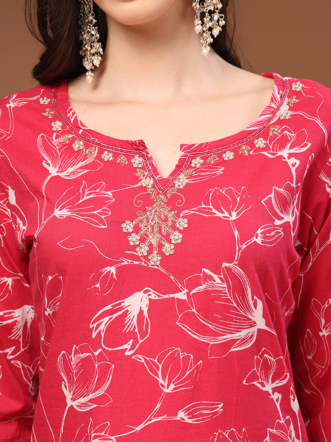 Pink Self Design Cotton Fabric 3/4 Sleeves Round Neck Calf length Kurta Bottom Set With Dupatta