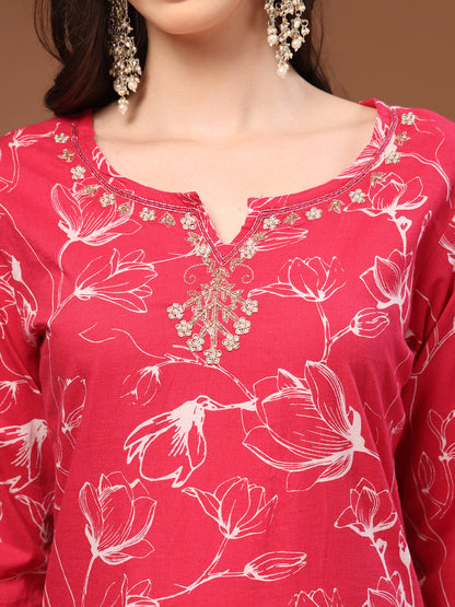 Pink Self Design Cotton Fabric 3/4 Sleeves Round Neck Calf length Kurta Bottom Set With Dupatta