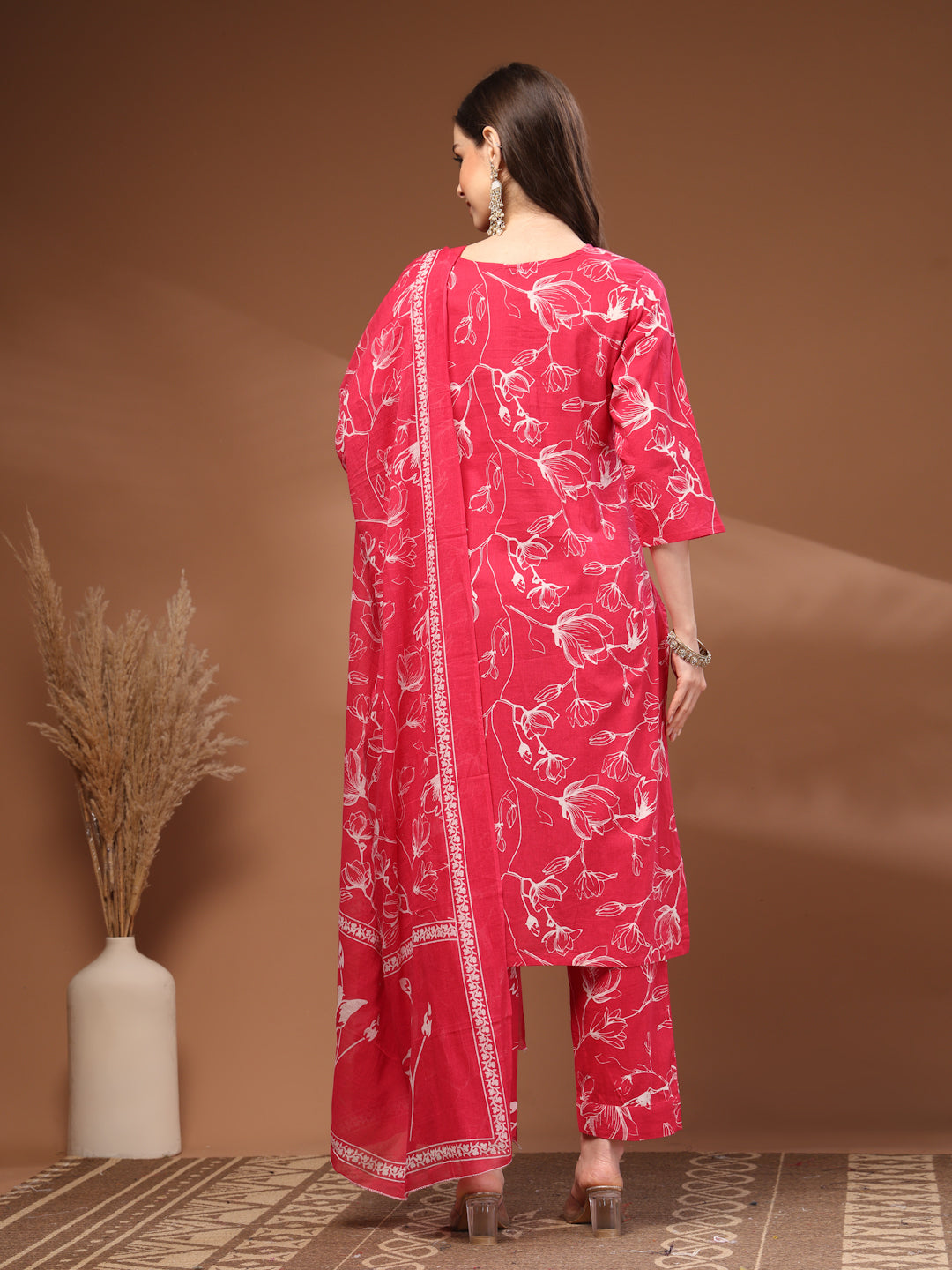 Pink Self Design Cotton Fabric 3/4 Sleeves Round Neck Calf length Kurta Bottom Set With Dupatta