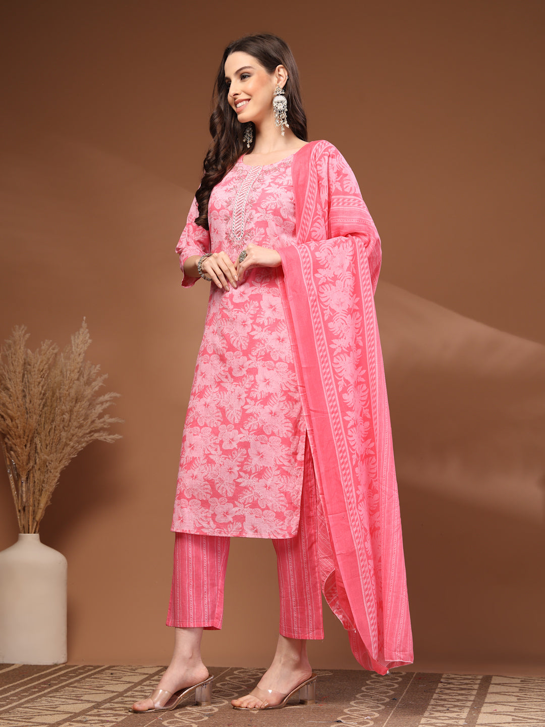 Pink Self Design Cotton Fabric 3/4 Sleeves Round Neck Calf Length Kurta Bottom Set with Dupatta