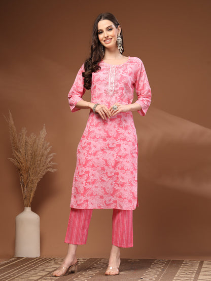 Pink Self Design Cotton Fabric 3/4 Sleeves Round Neck Calf Length Kurta Bottom Set with Dupatta