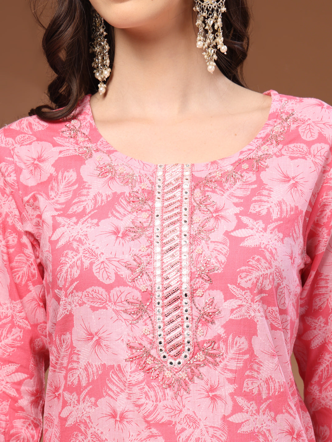 Pink Self Design Cotton Fabric 3/4 Sleeves Round Neck Calf Length Kurta Bottom Set with Dupatta