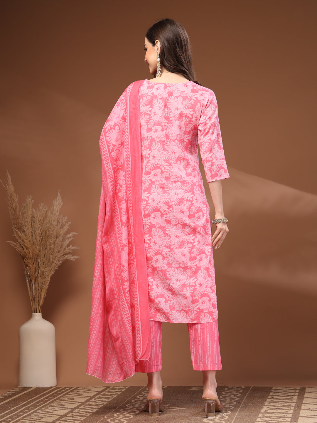 Pink Self Design Cotton Fabric 3/4 Sleeves Round Neck Calf Length Kurta Bottom Set with Dupatta