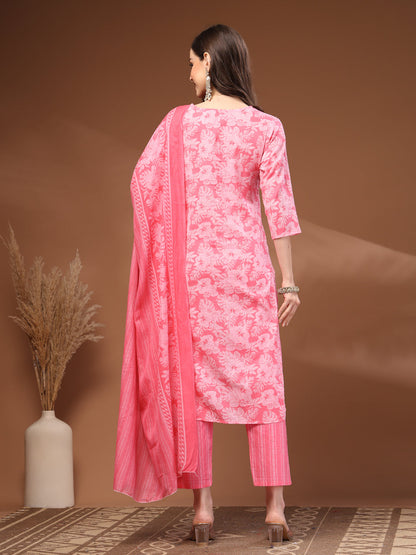Pink Self Design Cotton Fabric 3/4 Sleeves Round Neck Calf Length Kurta Bottom Set with Dupatta