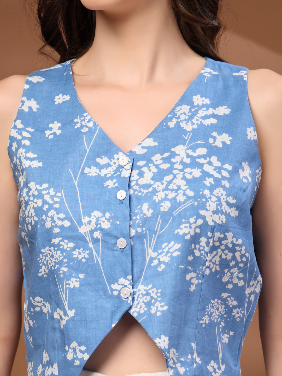 Blue Self Design Cotton Fabric Tunic Sleeveless V- Neck