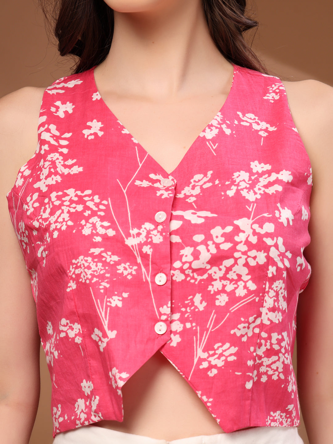 Red Self Design Cotton Fabric Tunic Sleeveless V- Neck