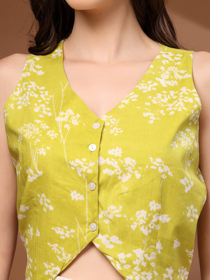 Green Self Design Cotton Fabric Tunic Sleeveless V- Neck