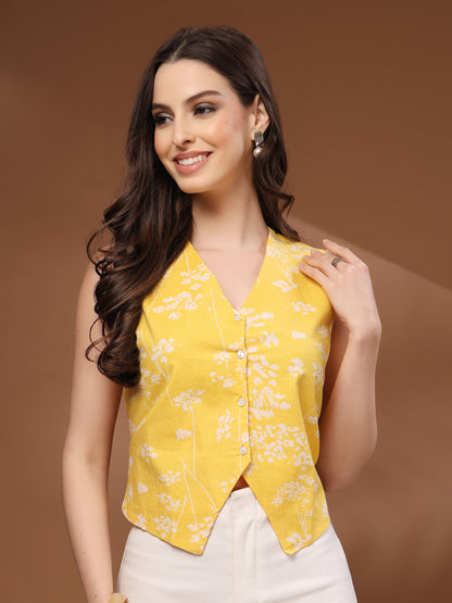 Yellow Self Design Cotton Fabric Tunic Sleeveless V- Neck