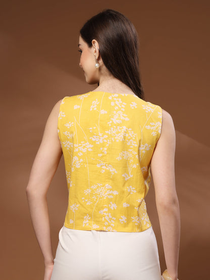 Yellow Self Design Cotton Fabric Tunic Sleeveless V- Neck