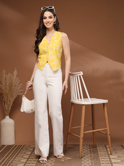 Yellow Self Design Cotton Fabric Tunic Sleeveless V- Neck