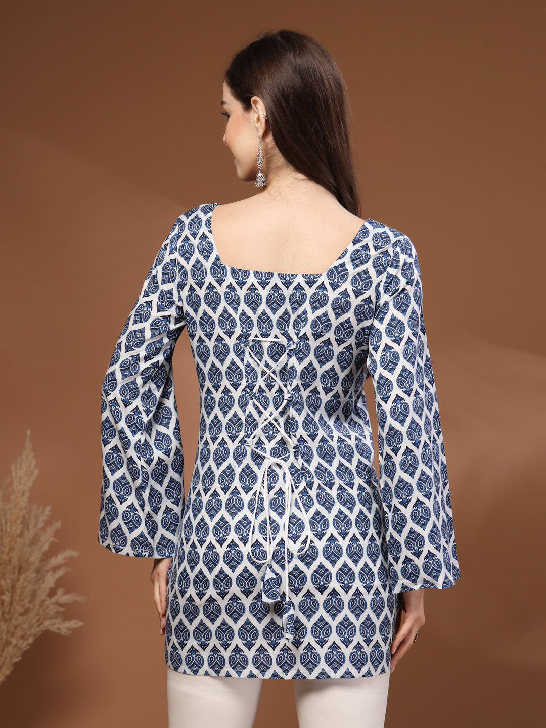 Navy Blue Self Design Cotton Fabric Tunic 3/4 Sleeves Square Neck Hip Length