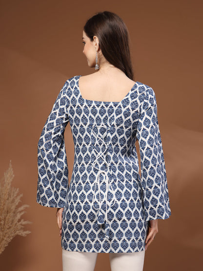 Navy Blue Self Design Cotton Fabric Tunic 3/4 Sleeves Square Neck Hip Length