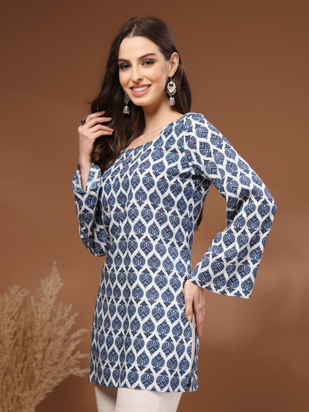 Navy Blue Self Design Cotton Fabric Tunic 3/4 Sleeves Square Neck Hip Length