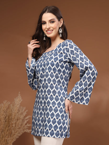 Navy Blue Self Design Cotton Fabric Tunic 3/4 Sleeves Square Neck Hip Length