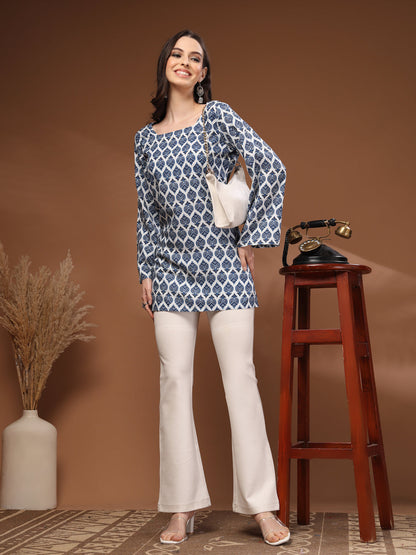 Navy Blue Self Design Cotton Fabric Tunic 3/4 Sleeves Square Neck Hip Length