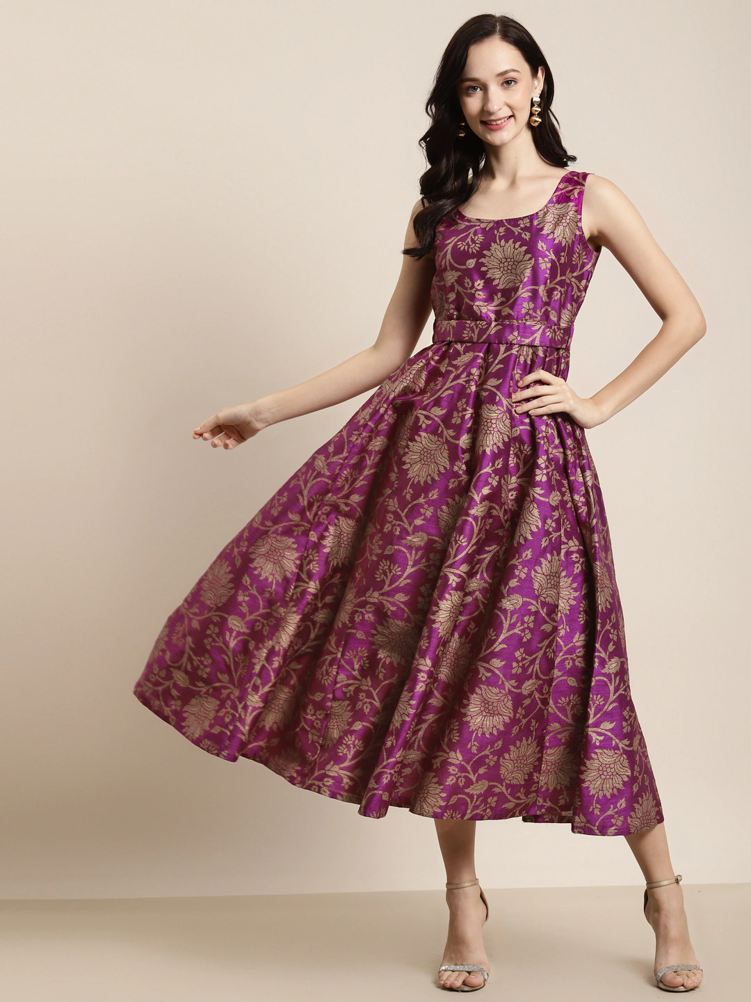 Women's Purple Jacquard Floral Self-Belt Anarkali Maxi in Cotton by Shae for wholesale, bulk, supplier, manufacturer and wholesaler buyers from Trendphoria