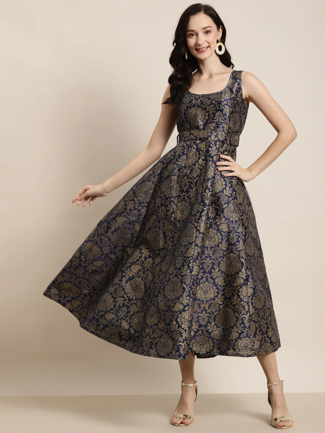 Women's Navy Jacquard Floral Self-Belt Anarkali Maxi in Cotton by Shae for wholesale, bulk, supplier, manufacturer and wholesaler buyers from Trendphoria