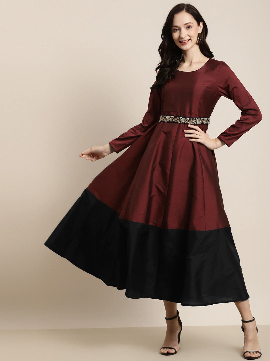 Maroon Contrast Border Embroidered-Belt Anarkali Maxi-Dress-SASSAFRAS