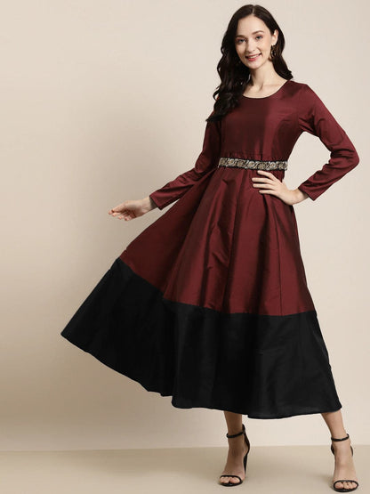 Maroon Contrast Border Embroidered-Belt Anarkali Maxi-Dress-SASSAFRAS