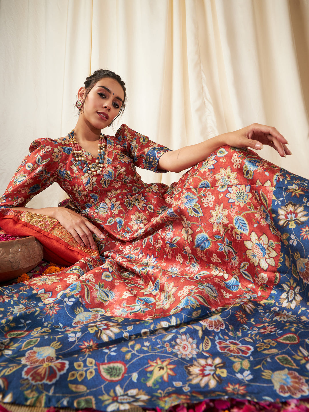 Women's Orange Floral Wrap Anarkali Maxi Dress in Cotton by Shae for wholesale, bulk, supplier, manufacturer and wholesaler buyers from Trendphoria