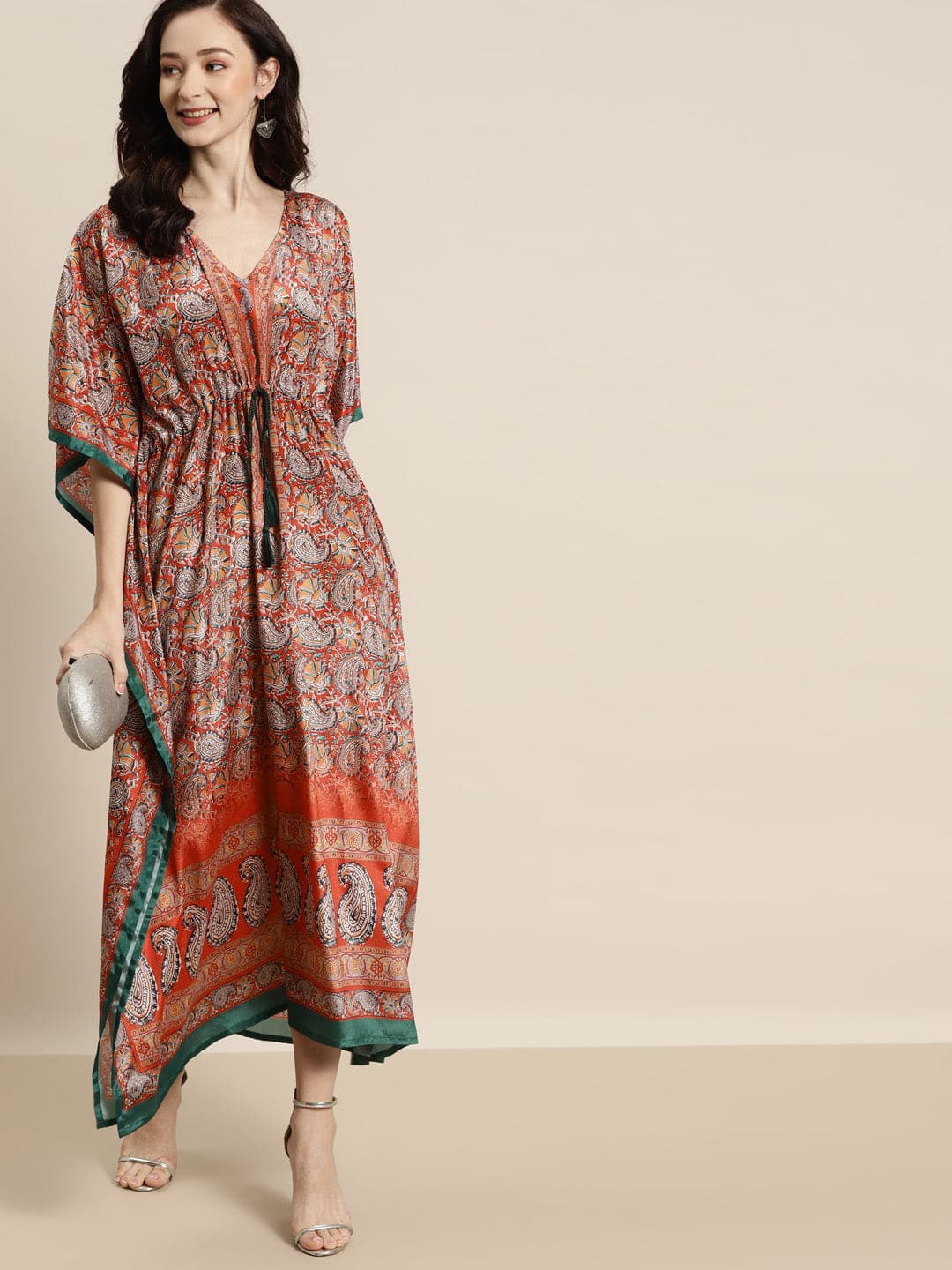 Women Orange & Green Paisely Kaftan Dress-Dress-SASSAFRAS