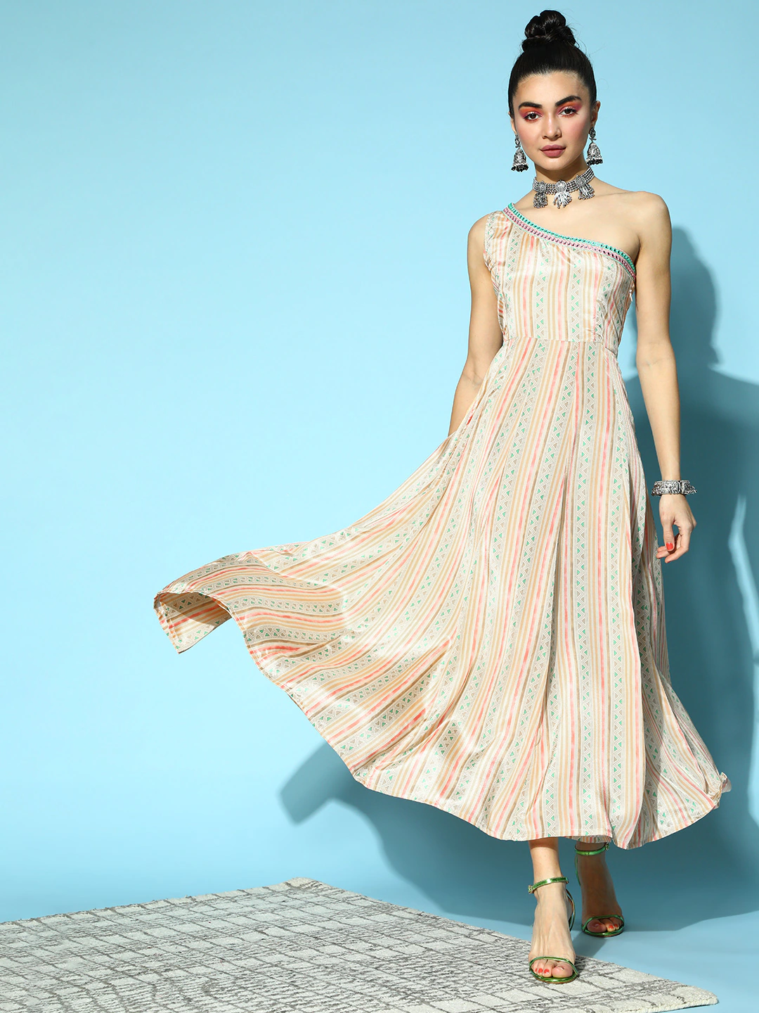 Women Beige Geometric One Shoulder Anarkali Maxi-Dress-SASSAFRAS