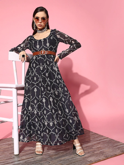 Women Blue Chanderi Mughal Floral Anarkali Maxi Dress