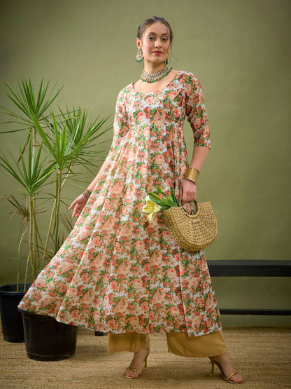 Peach Chanderi Floral Anarkali Maxi Dress