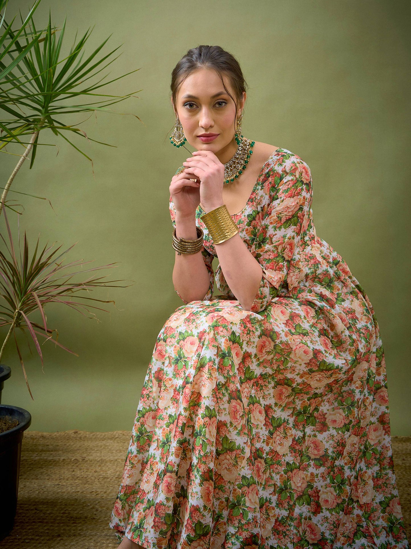 Peach Chanderi Floral Anarkali Maxi Dress