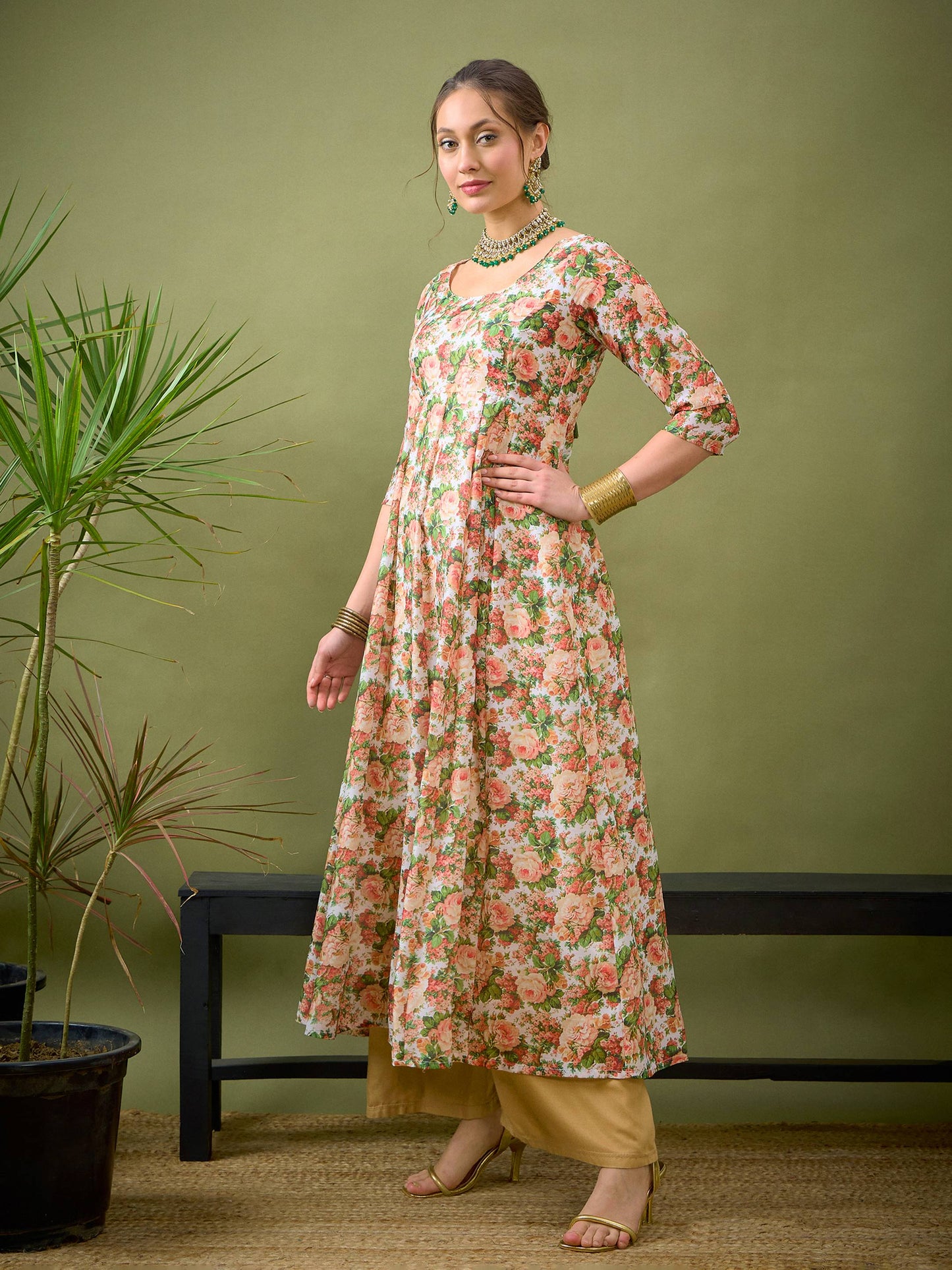 Peach Chanderi Floral Anarkali Maxi Dress