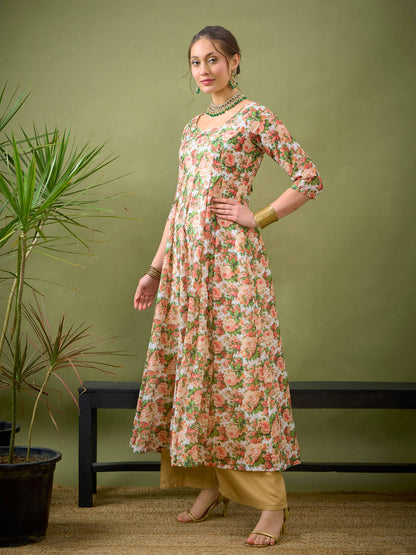 Peach Chanderi Floral Anarkali Maxi Dress