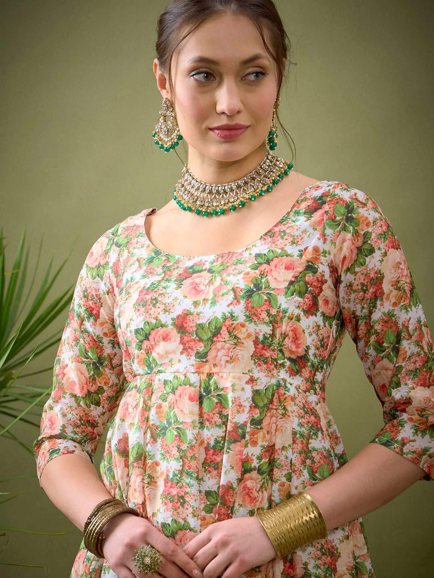 Peach Chanderi Floral Anarkali Maxi Dress