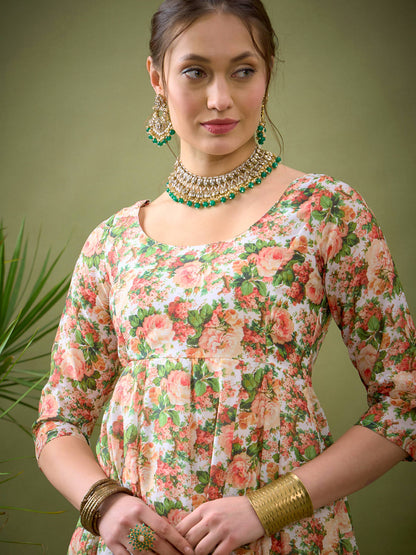 Peach Chanderi Floral Anarkali Maxi Dress