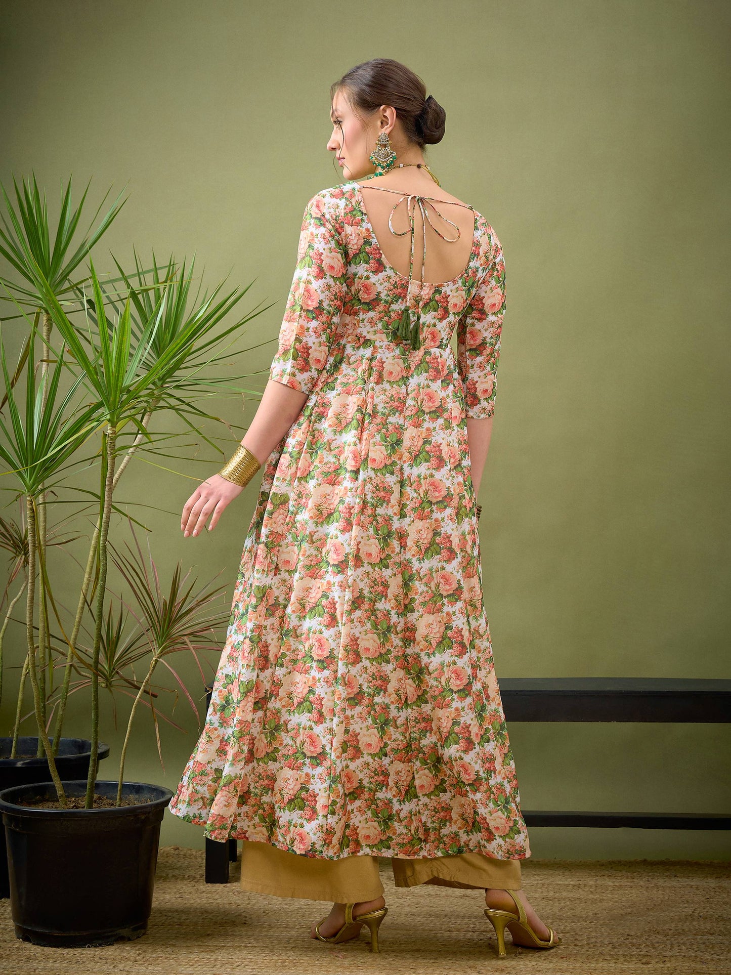 Peach Chanderi Floral Anarkali Maxi Dress