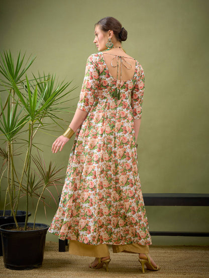 Peach Chanderi Floral Anarkali Maxi Dress