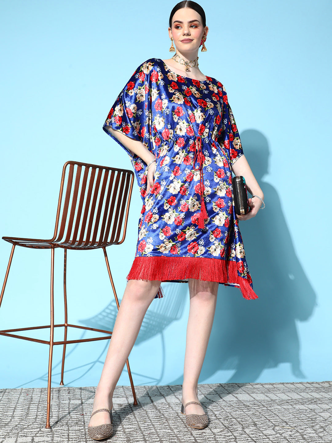 Royal Blue Floral Velvet High Low Kaftan Dress