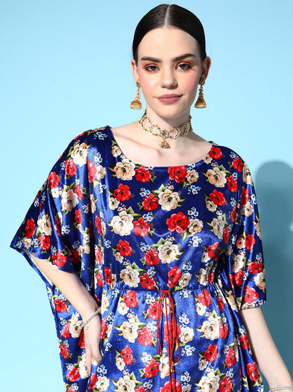 Royal Blue Floral Velvet High Low Kaftan Dress