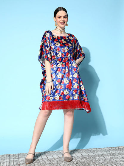 Royal Blue Floral Velvet High Low Kaftan Dress