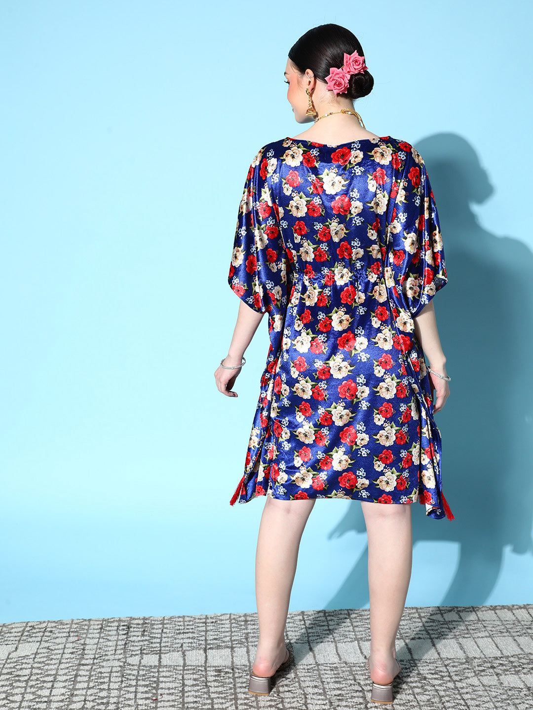 Royal Blue Floral Velvet High Low Kaftan Dress